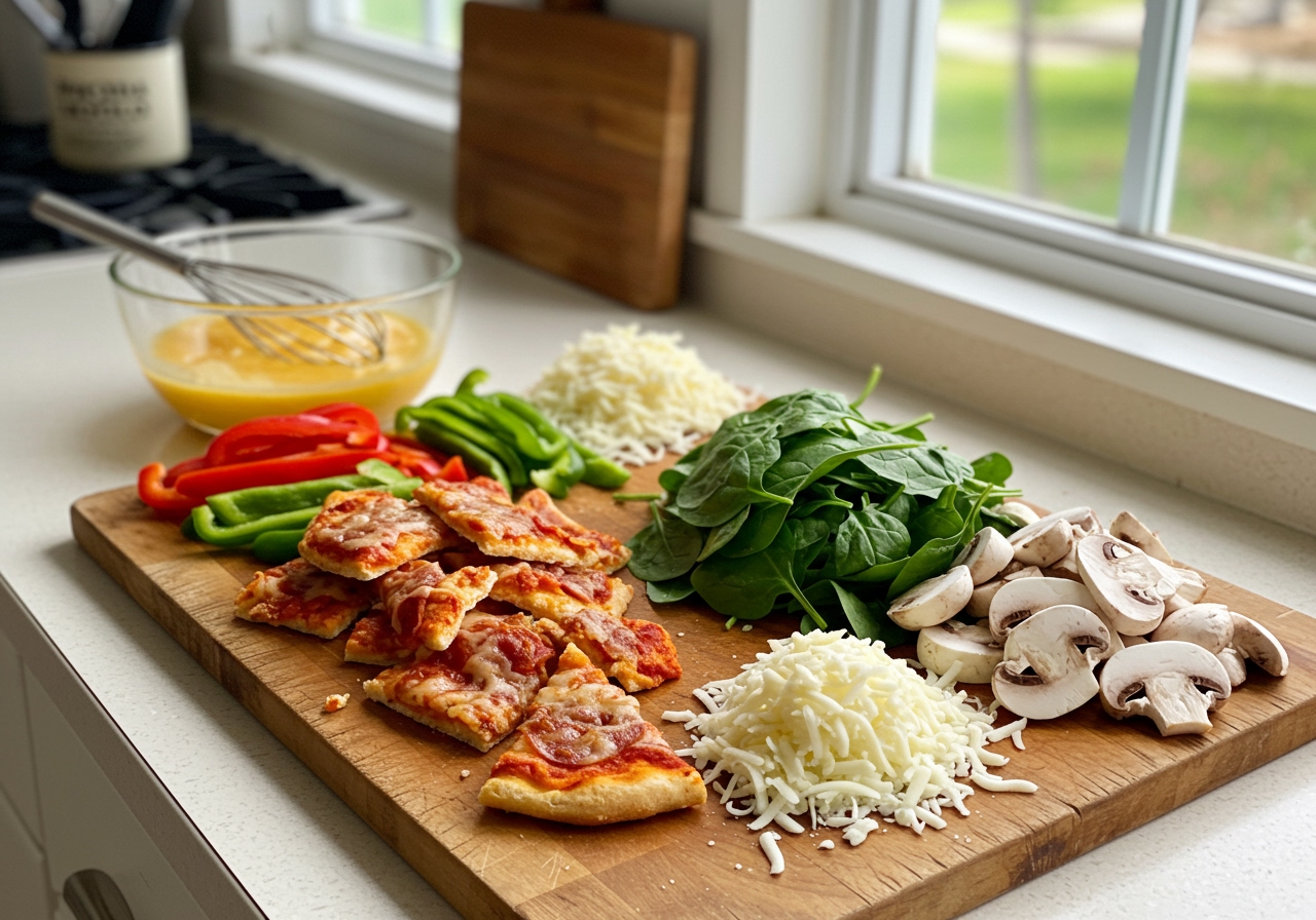 Ingredients for the pizza breakfast casserole laid out on a counter: chopped leftover pizza slices, whisked eggs in a bowl, chopped vegetables (spinach, mushrooms, peppers), grated cheese.
