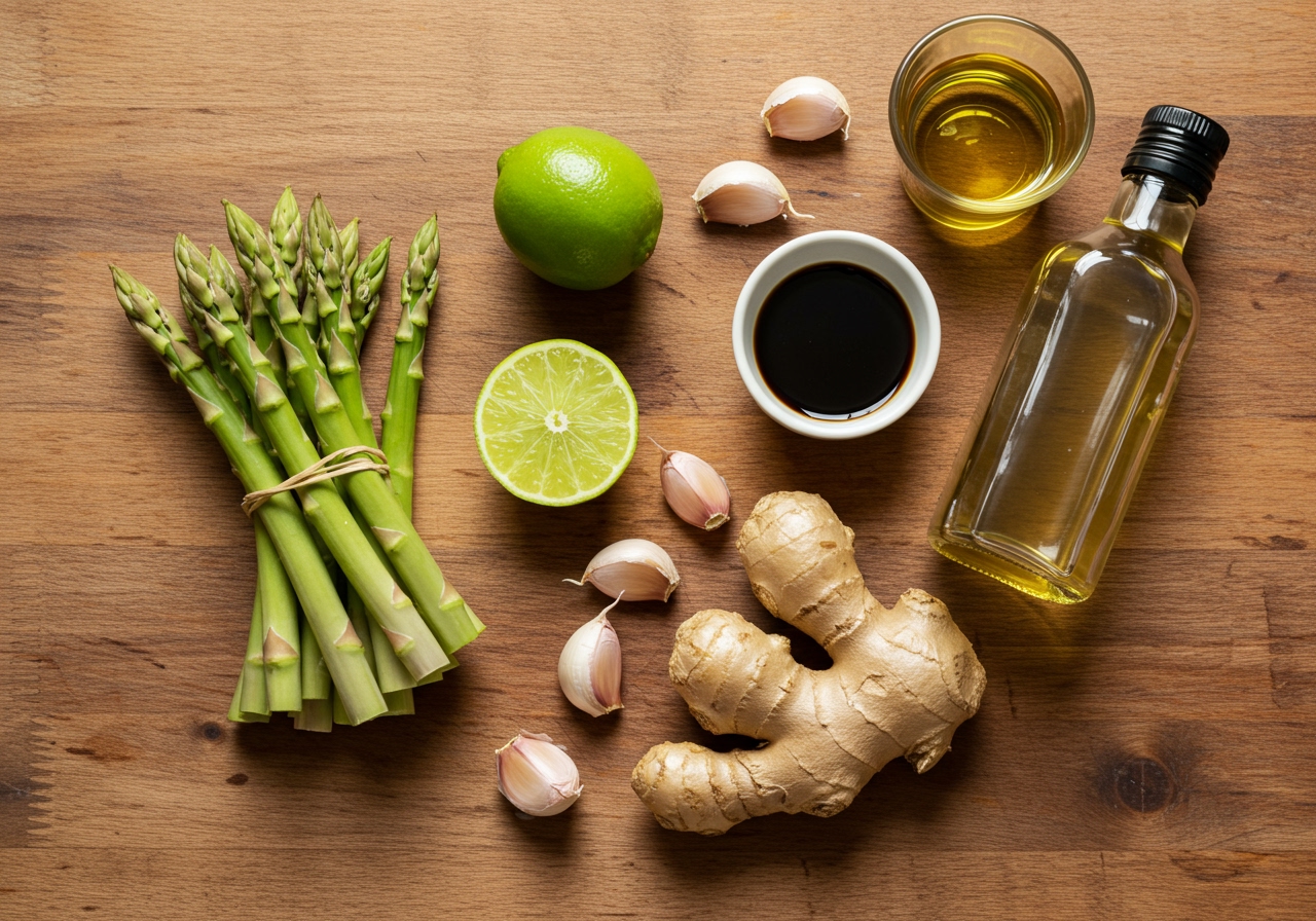 Ingredients for the recipe laid out: asparagus, lime, ginger, garlic, soy sauce, oil