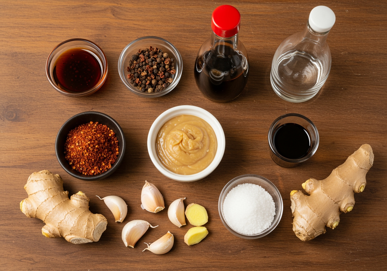 Ingredients for the Saliva Chicken sauce laid out: chili oil, Sichuan peppercorns (both powder and maybe whole), sesame paste, soy sauce, vinegar, sugar, garlic, ginger.