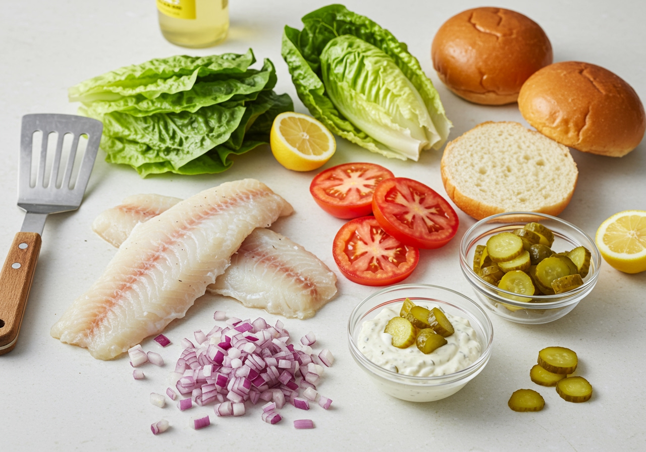 Ingredients for the white fish hamburger laid out on a kitchen counter.
