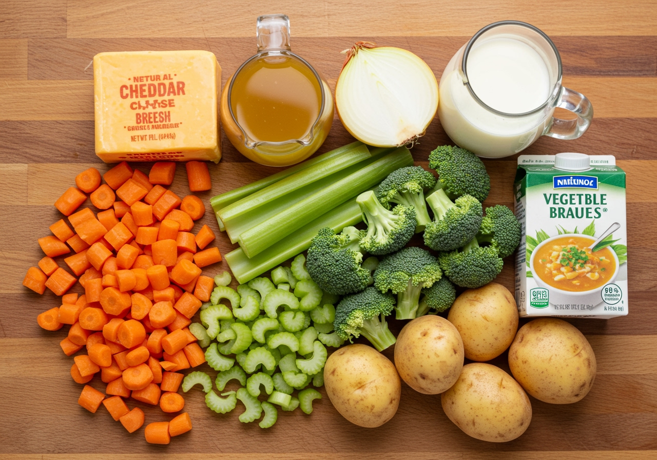 Ingredients for vegetable cheese soup laid out on a wooden cutting board: diced carrots, celery, onions, broccoli florets, potatoes, a block of cheddar cheese, vegetable broth, and a carton of milk.
