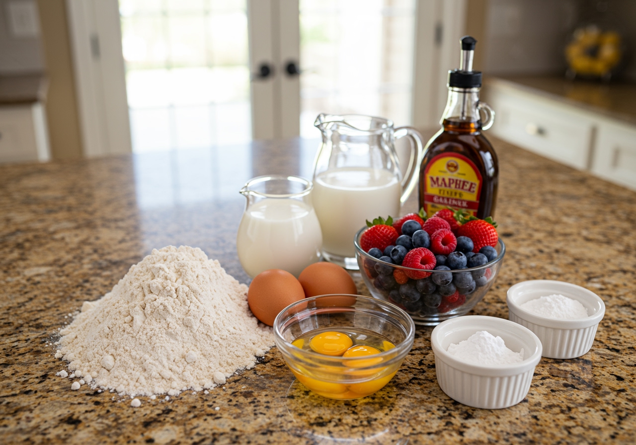 Ingredients for whole wheat pancakes laid out on a kitchen counter: whole wheat flour, eggs, milk, baking powder, a bowl of fresh berries, and a bottle of maple syrup.