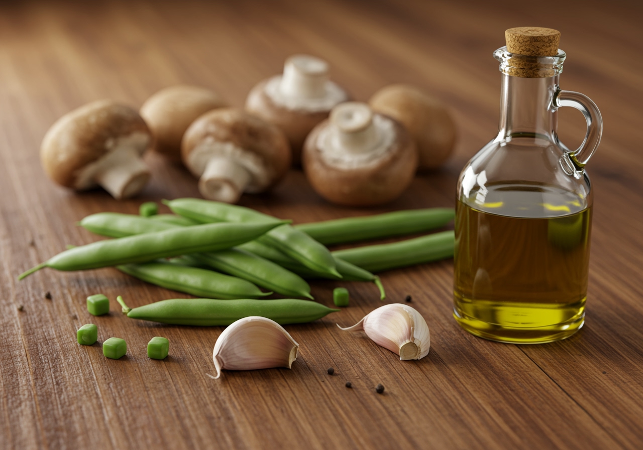 Ingredients laid out before preparation: fresh green beans, mushrooms, a clove of garlic, and a small bottle of olive oil.