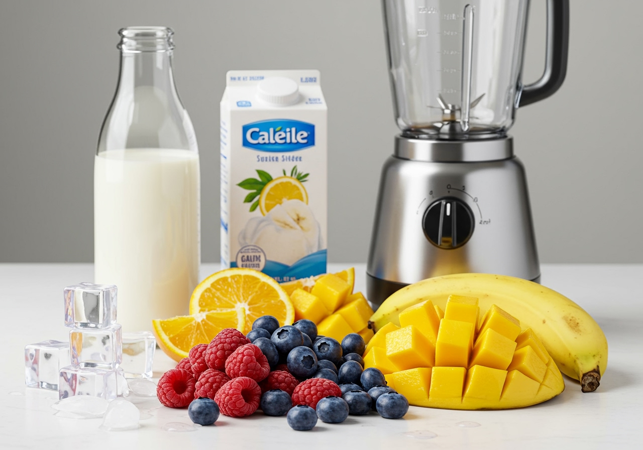 Ingredients laid out for a simple frozen drink: ice cubes, various fresh and frozen fruits (like berries, banana, mango), a bottle of water or milk, next to a blender.