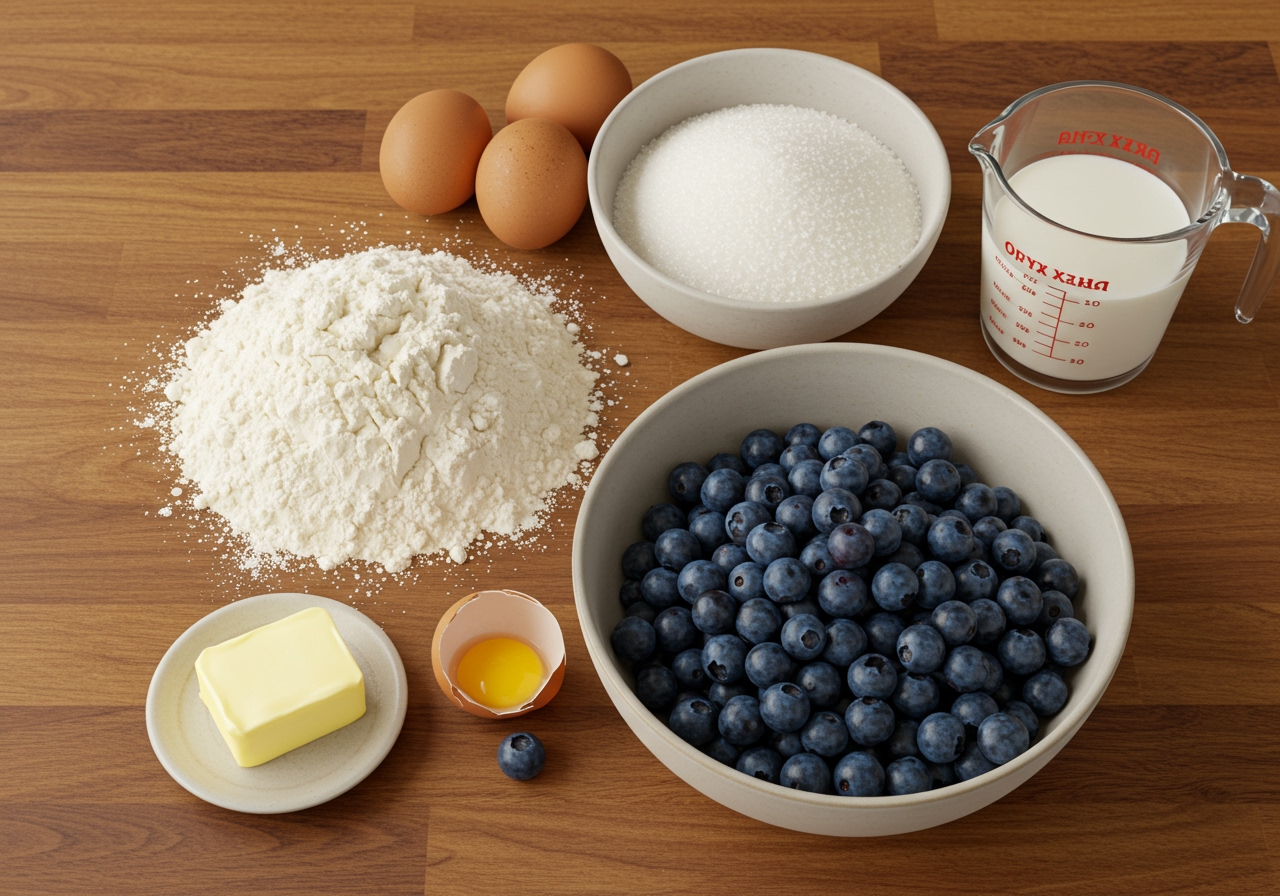 Ingredients laid out for baking blueberry muffins: flour, sugar, eggs, milk, butter, and a bowl of fresh blueberries.