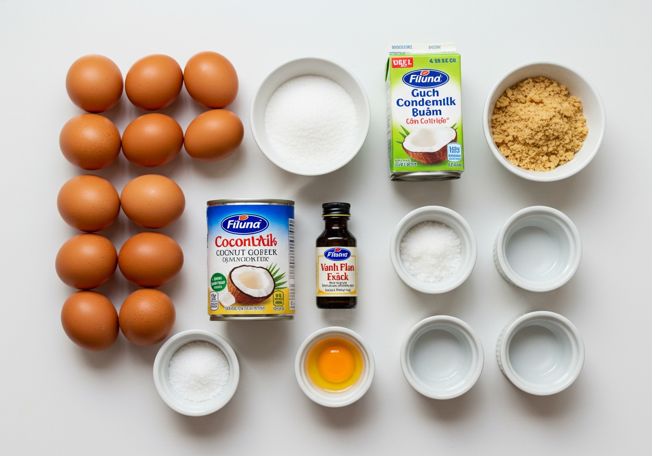 Ingredients laid out for Banh Flan: eggs, coconut milk, condensed milk, sugar, vanilla extract, and small ramekins.