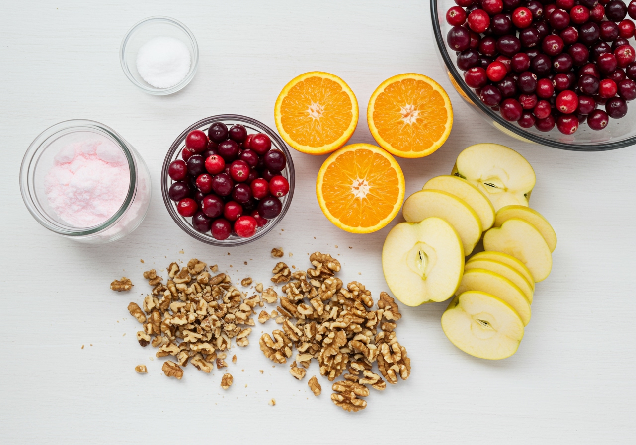 Ingredients laid out for cranberry jelly salad recipe - fresh cranberries, oranges, apples, walnuts, jelly powder