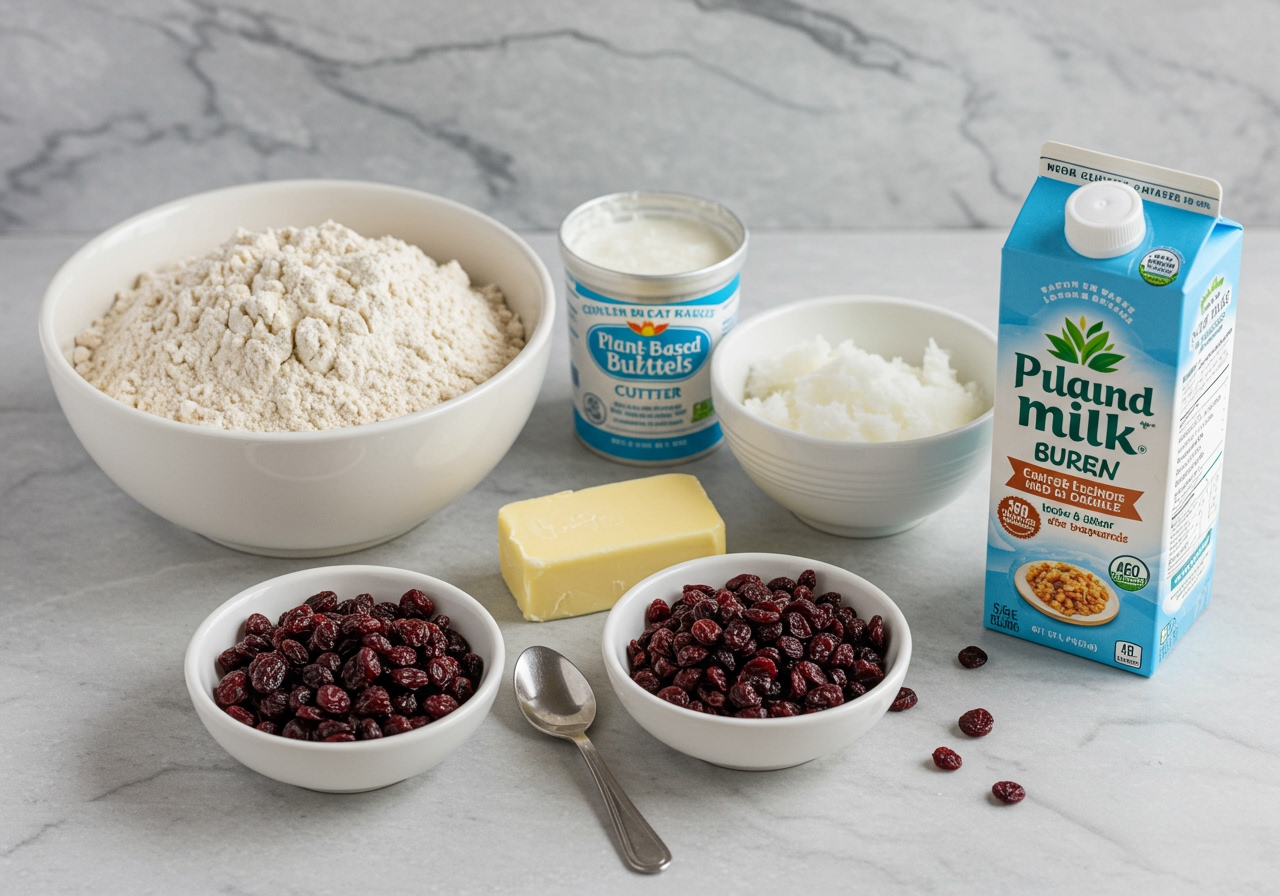 Ingredients laid out for currant scones on a clean counter, with whole wheat flour, cold plant-based butter (or coconut oil), dried currants, and a carton of plant-based milk visible.