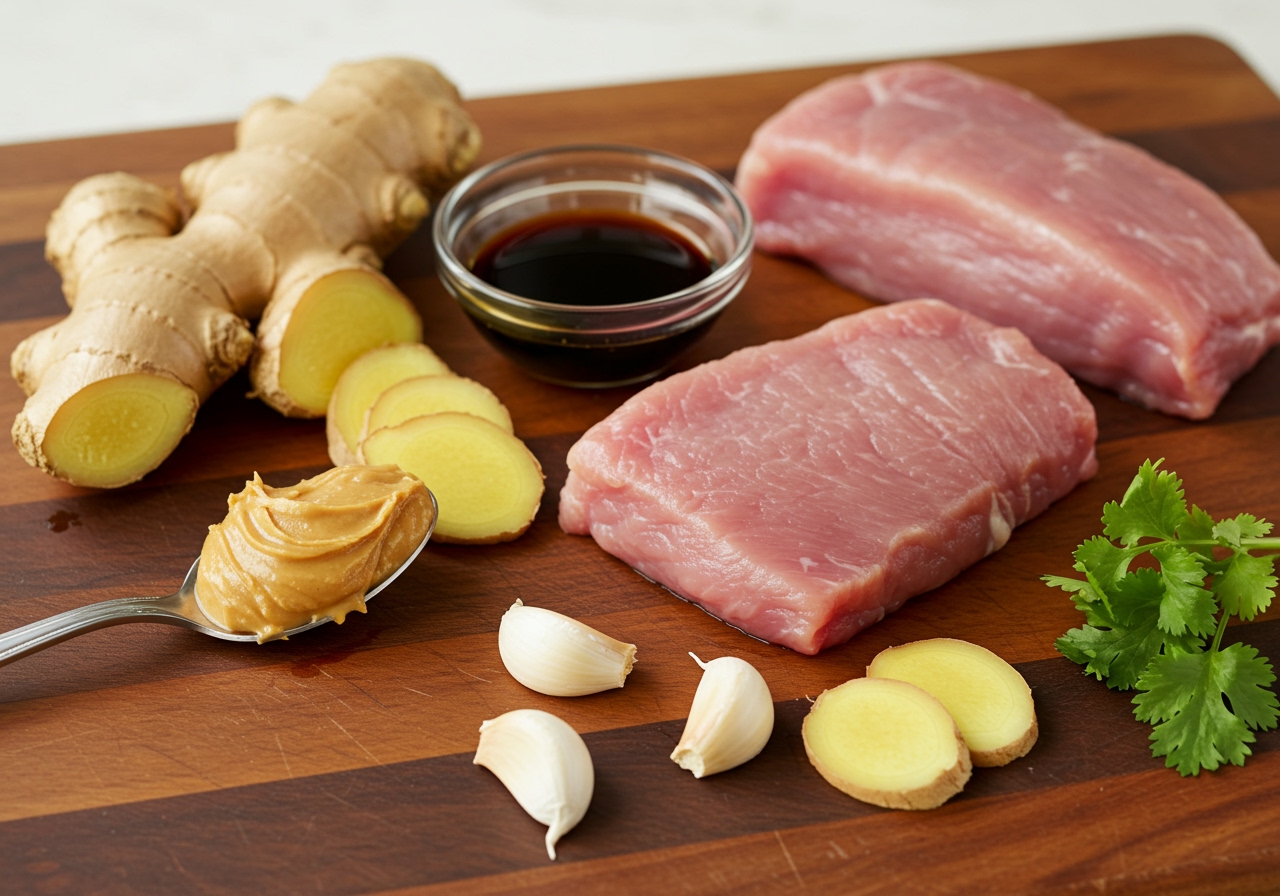 Ingredients laid out for ginger peanut pork tenderloin marinade, including peanut butter, soy sauce, ginger, garlic, and a pork tenderloin.
