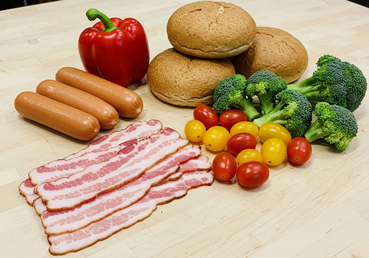 Ingredients laid out for healthy bacon-wrapped hot dogs: turkey hot dogs, center-cut bacon, whole wheat buns, and fresh vegetables.