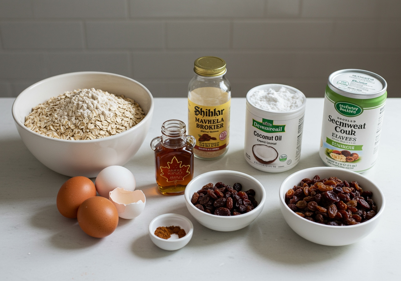 Ingredients laid out for healthy oatmeal raisin cookies: oats, whole wheat flour, maple syrup, coconut oil, eggs, raisins, spices. Clean and organized.