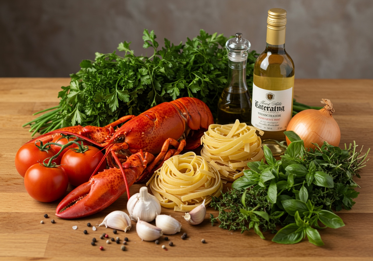 Ingredients laid out for lobster pasta, including a whole cooked lobster, pasta, tomatoes, garlic, onion, white wine, and herbs.