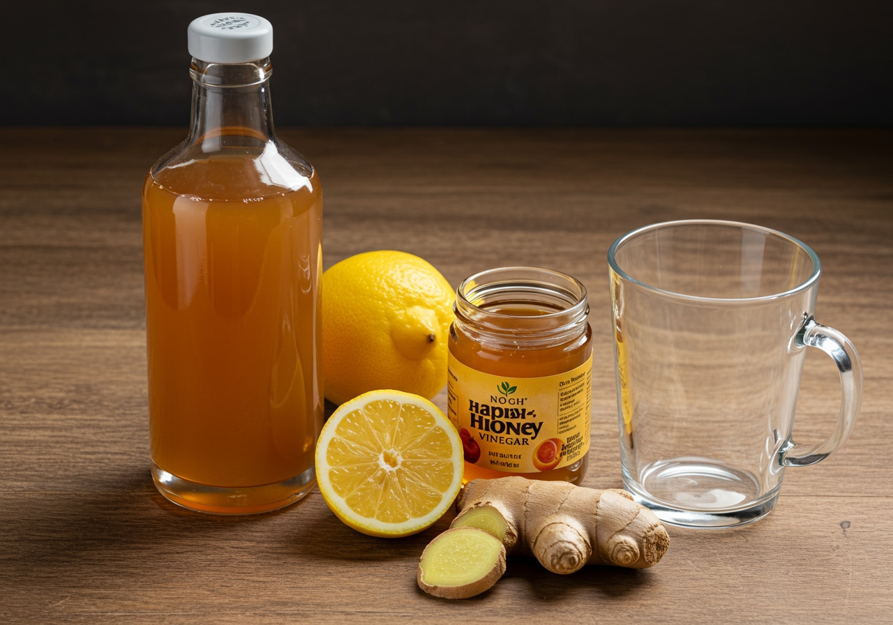 Ingredients laid out for making apple cider vinegar drink: a bottle of ACV, honey, lemon, ginger, and a glass