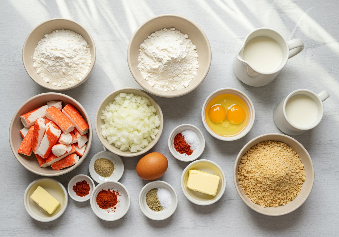 Ingredients laid out for making crab cream croquettes, including flour, butter, milk, crab meat, onion, breadcrumbs, egg, and seasonings