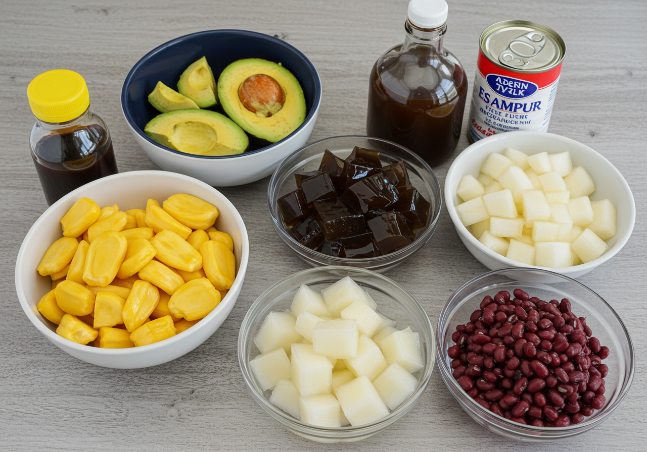 Ingredients laid out for making Es Campur at home: bowls of chopped fruits (avocado, melon, jackfruit), jellies (agar, grass jelly), red beans, a bottle of syrup, and a can of condensed milk.
