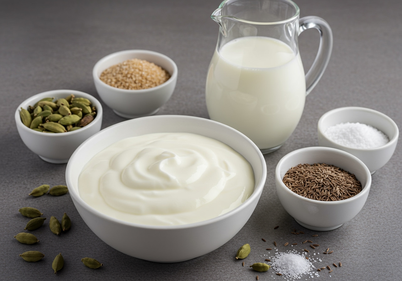 Ingredients laid out for making lassi: a bowl of yogurt, a jug of water/milk, sugar, salt, cardamom pods, and cumin seeds.