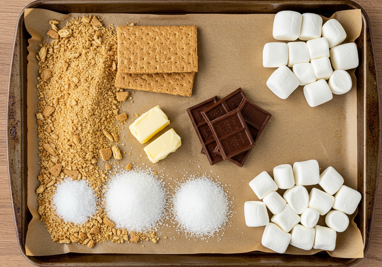 Ingredients laid out for making S'mores bars: crushed graham crackers, butter, sugar, chocolate bars or chips, and marshmallows.