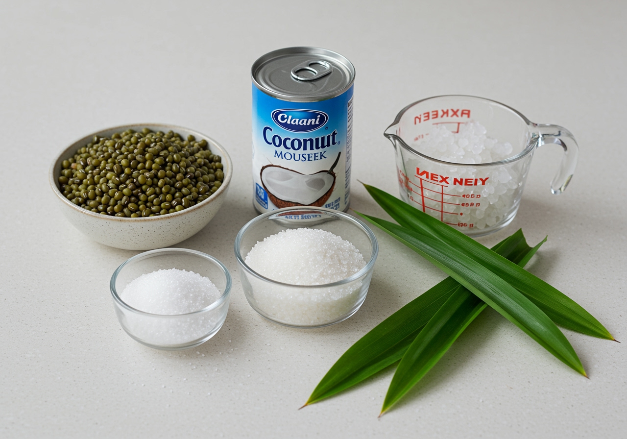 Ingredients laid out for making Vietnamese Chè: dried mung beans, a can of coconut milk, sugar, tapioca pearls, and some fresh pandan leaves.