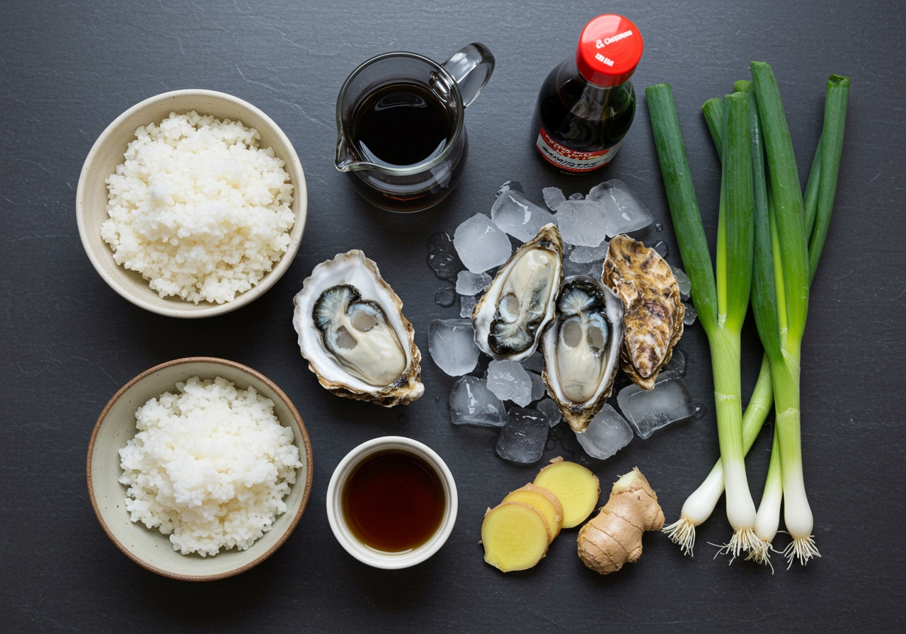 Ingredients laid out for oyster congee: rice, fresh oysters, ginger, green onions, dashi stock, soy sauce