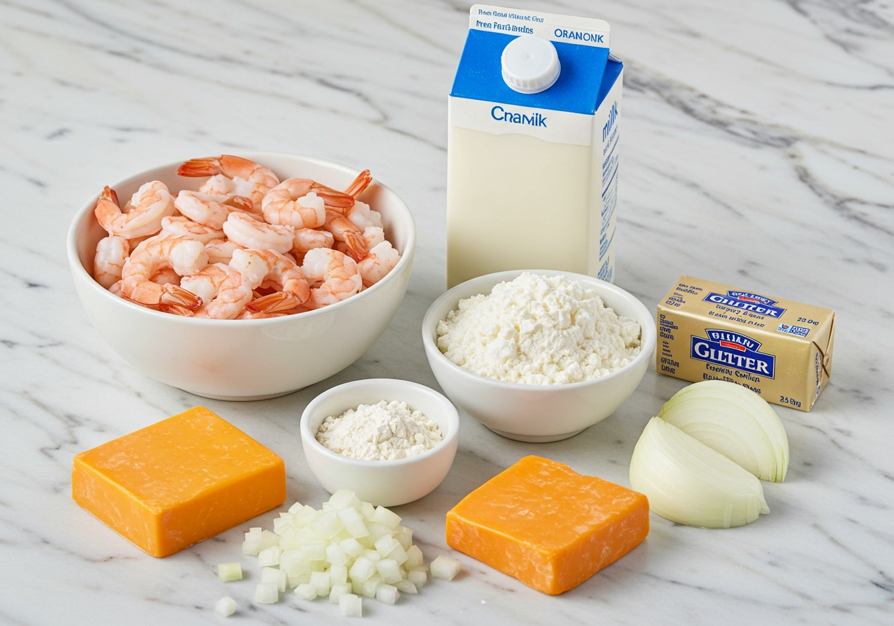 Ingredients laid out for shrimp cream doria, including shrimp, rice, milk, butter, flour, cheese, and onions.