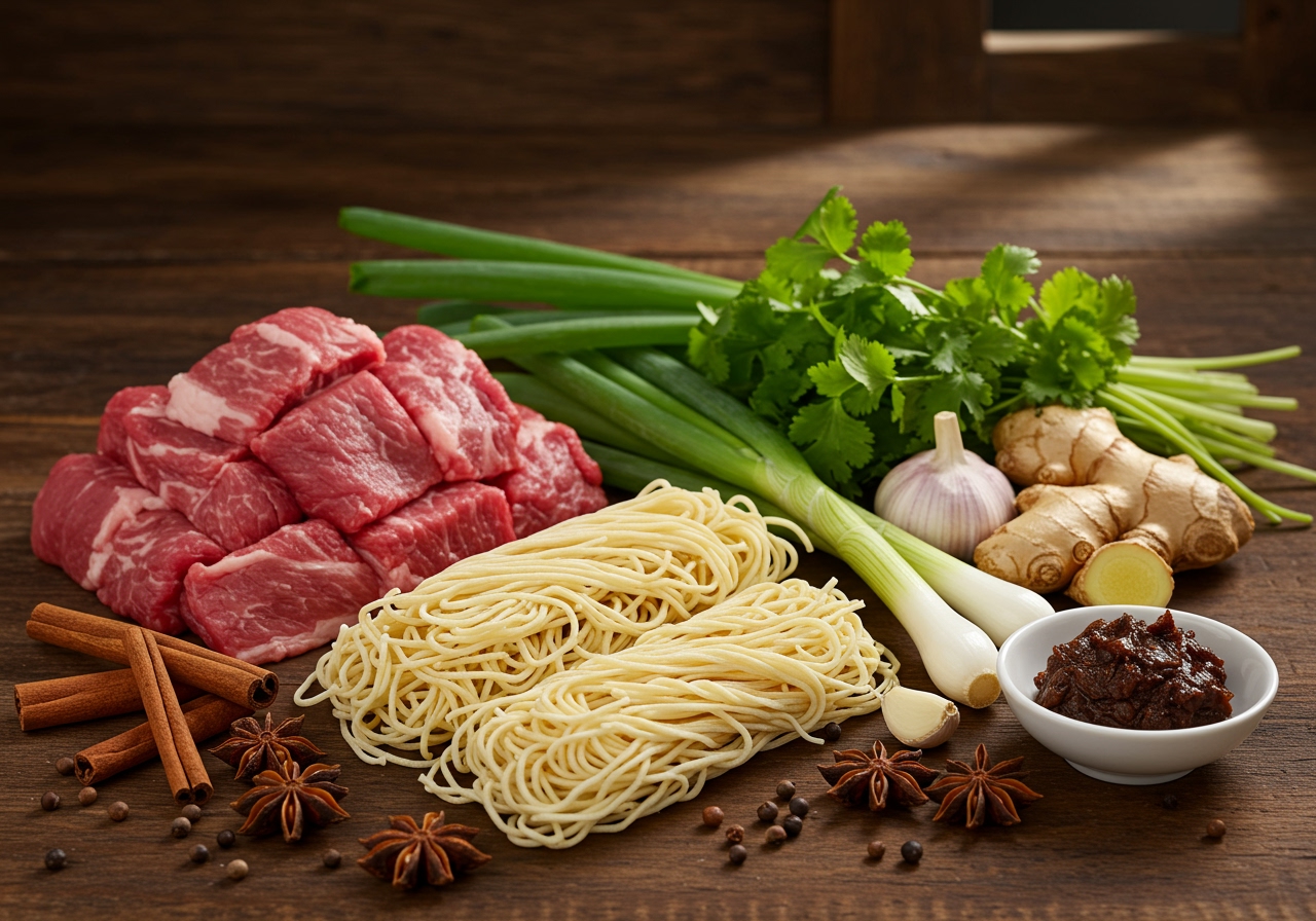 Ingredients laid out for Taiwanese Beef Noodle Soup: beef chunks, noodles, various spices (star anise, cinnamon stick, etc.), ginger, garlic, green onions, and soy sauce/bean paste.