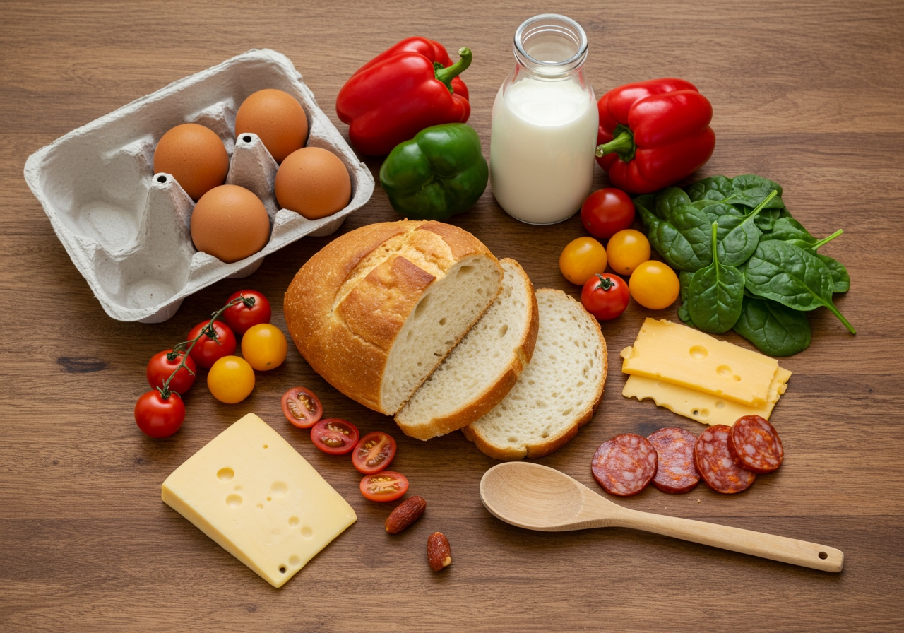 Ingredients laid out for the easy scrambled egg style brunch bread recipe: bread, egg, milk, cheese, and various vegetable and protein options.