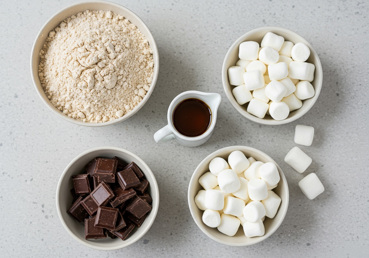 Ingredients laid out for the healthy s'mores cookies - showing whole wheat flour, natural sweetener, dark chocolate, and marshmallows.