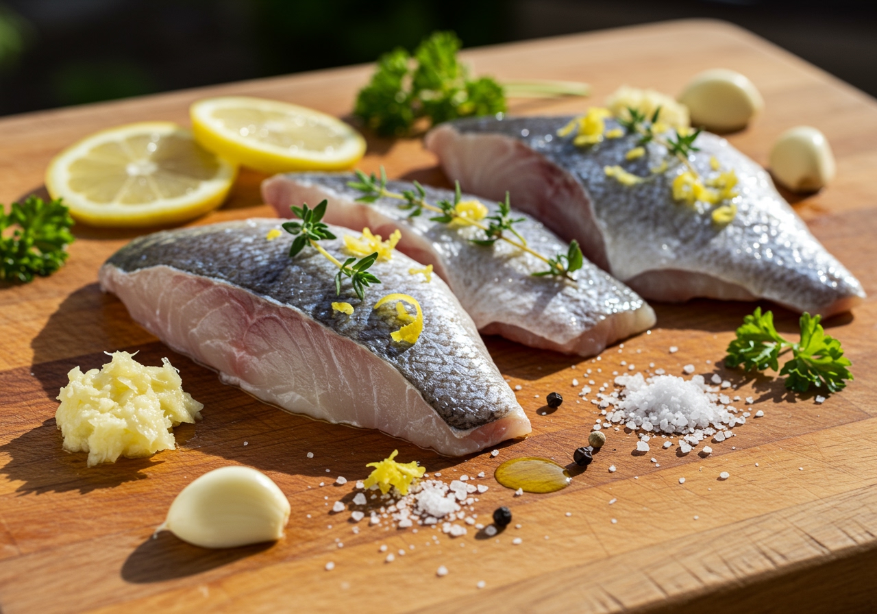 Ingredients laid out for the sea bream recipe: sea bream fillets, olive oil, garlic, herbs, salt, pepper, lemon slices.