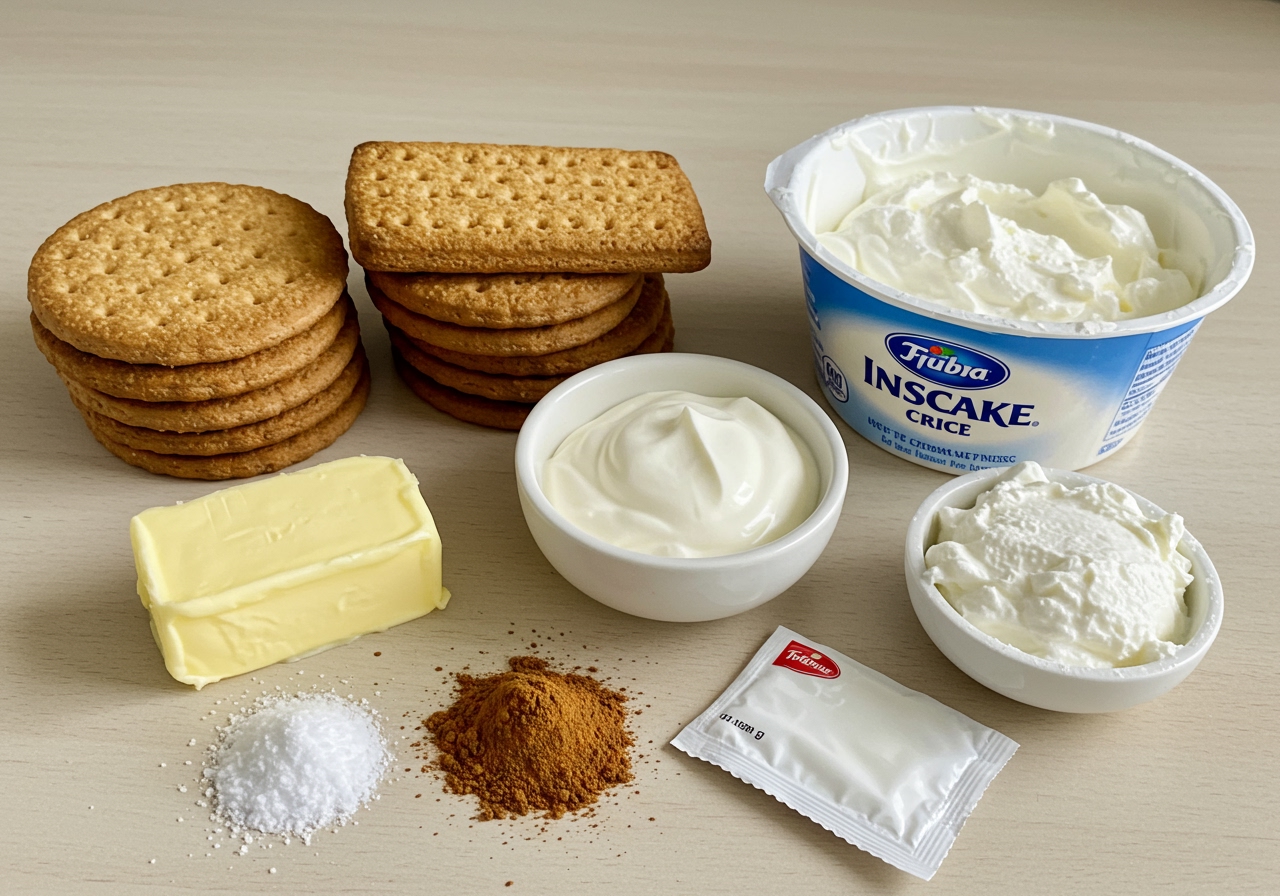 Ingredients laid out neatly for a cold cake: biscuits, butter, cream, cream cheese, cinnamon, sweetener.