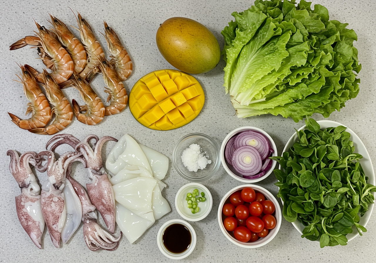 Ingredients laid out neatly on a counter - raw shrimp, cleaned squid, a ripe mango, various colorful vegetables (lettuce, bell peppers, red onion, cherry tomatoes), and small bowls with dressing ingredients.