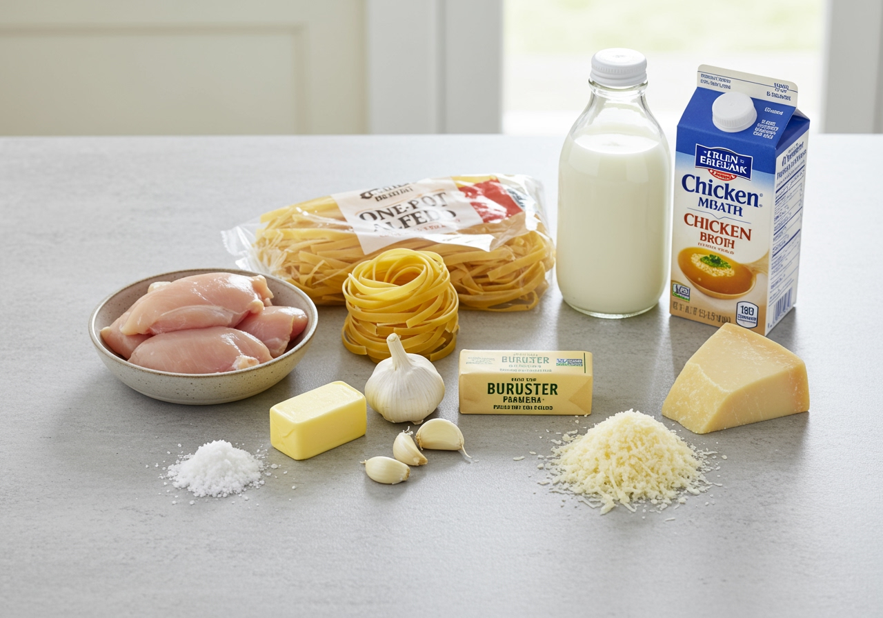 Ingredients laid out neatly on a counter before cooking One-Pot Chicken Alfredo, including chicken pieces, pasta, butter, garlic, broth, milk, and parmesan.