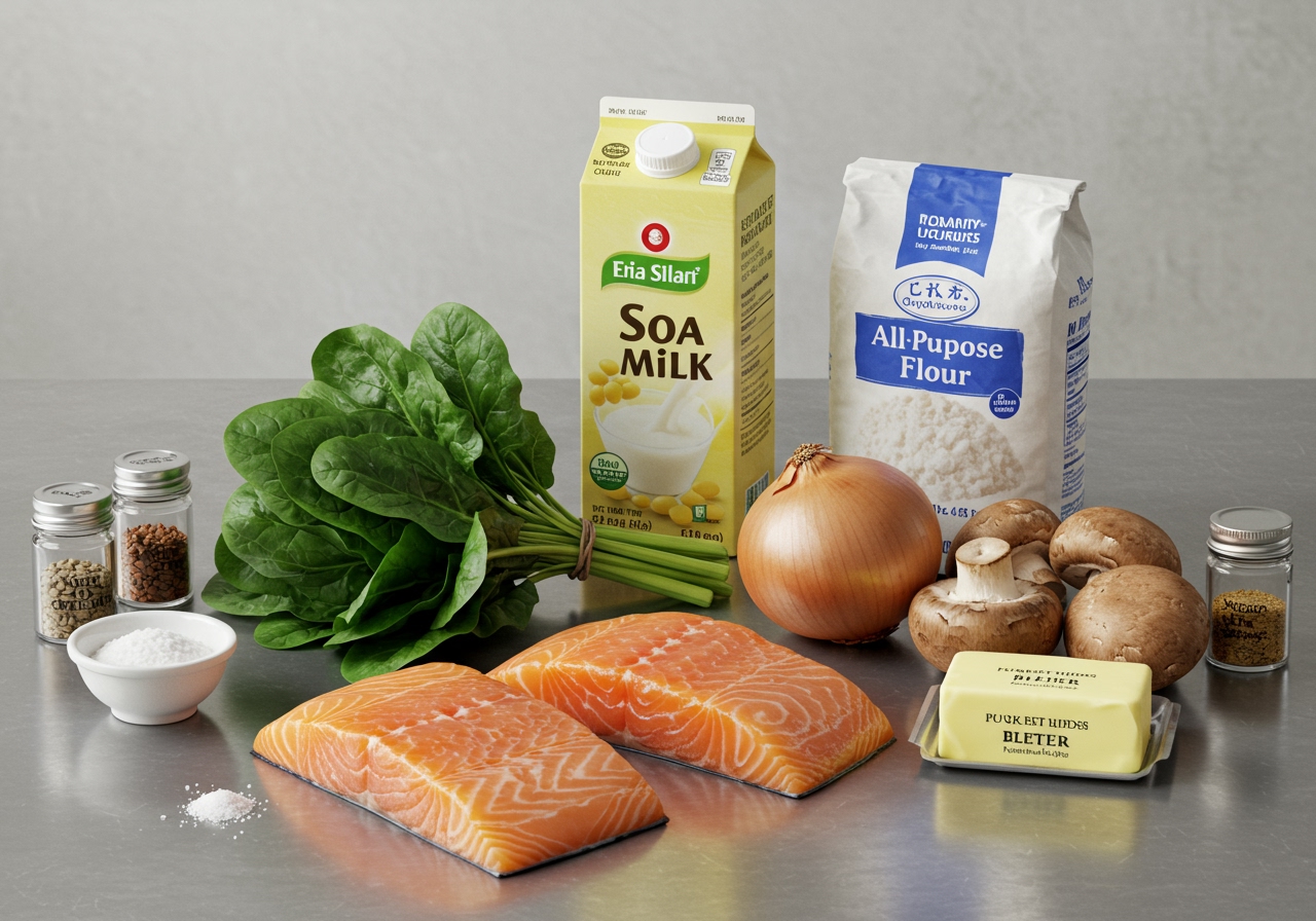 Ingredients laid out neatly on a counter: salmon fillets, spinach bunch, onion, mushrooms, soy milk carton, flour, butter, and seasonings.