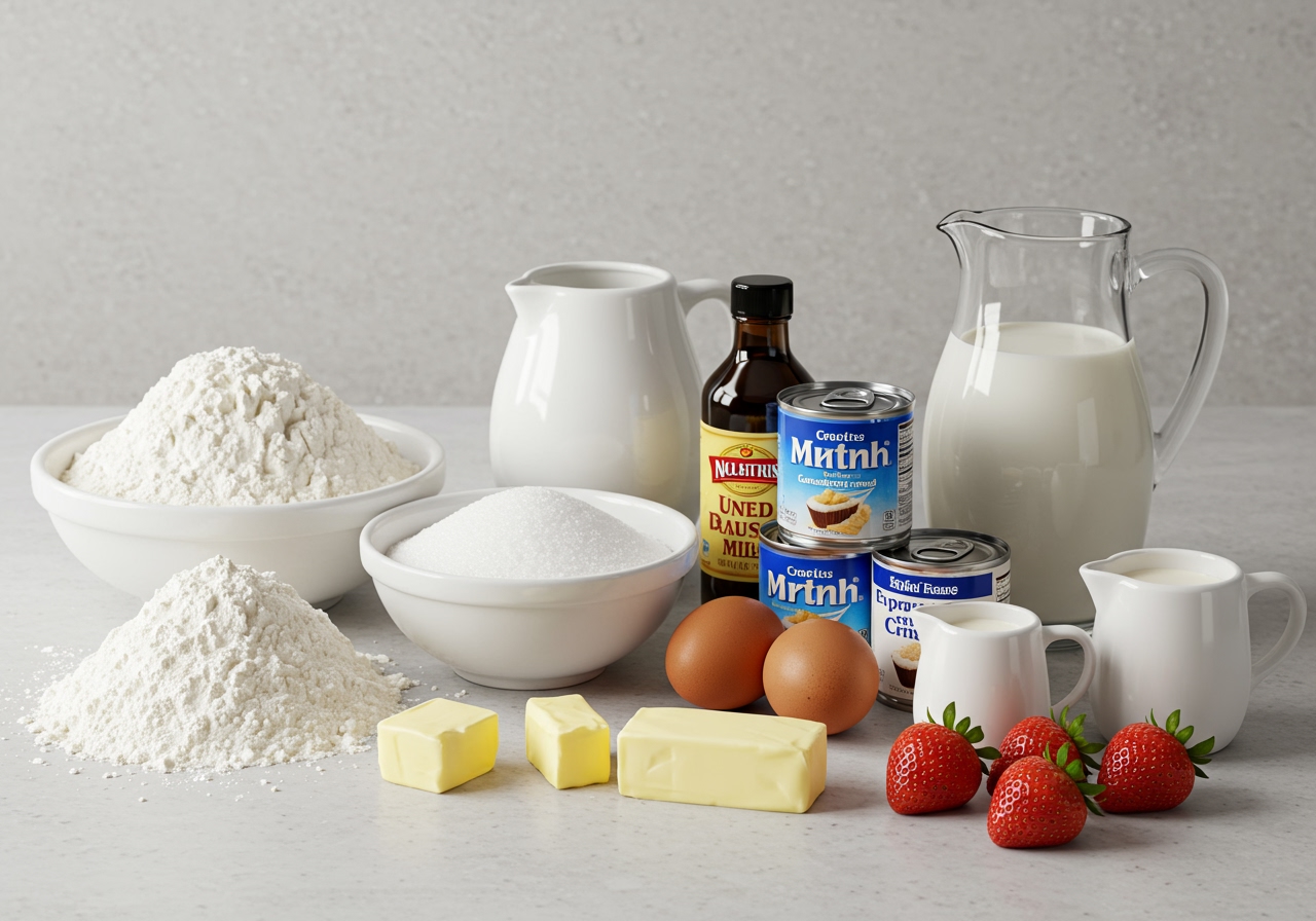 Ingredients laid out neatly on a kitchen counter: flour, sugar, butter, eggs, vanilla, milk, cans of evaporated and condensed milk, heavy cream, and a few strawberries.