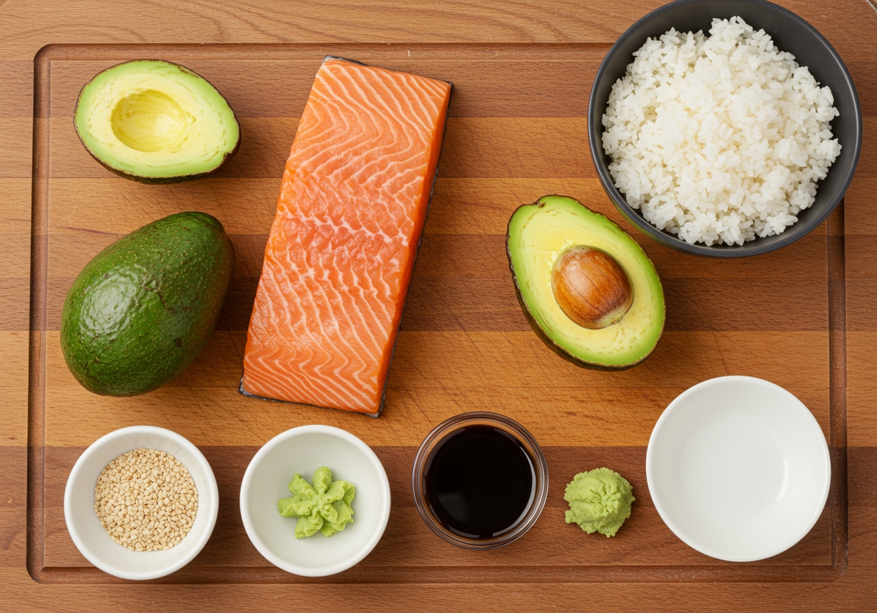 Ingredients laid out neatly on a wooden board - fresh salmon fillet (sashimi grade), ripe avocado, a bowl of cooked rice, soy sauce, mirin, wasabi, and scattered sesame seeds/green onions.