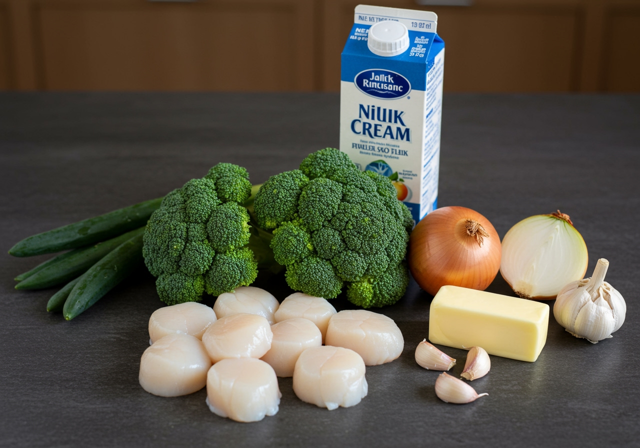 Ingredients laid out on a counter - fresh scallops, vibrant green broccoli, onion, garlic, carton of milk/cream, butter.