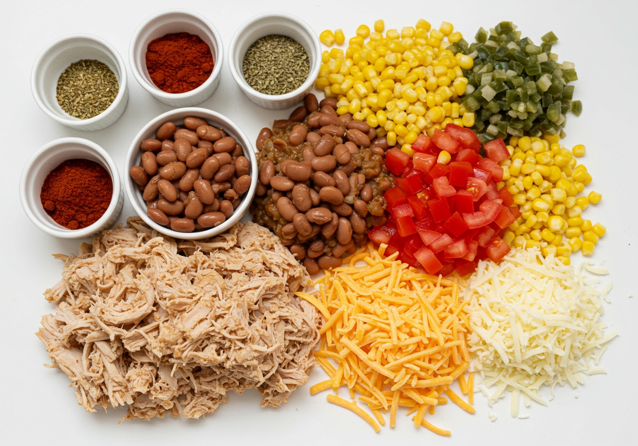 Ingredients laid out on a counter for Tex-Mex chicken casserole, including shredded chicken, beans, corn, diced tomatoes, shredded cheese, and spices.