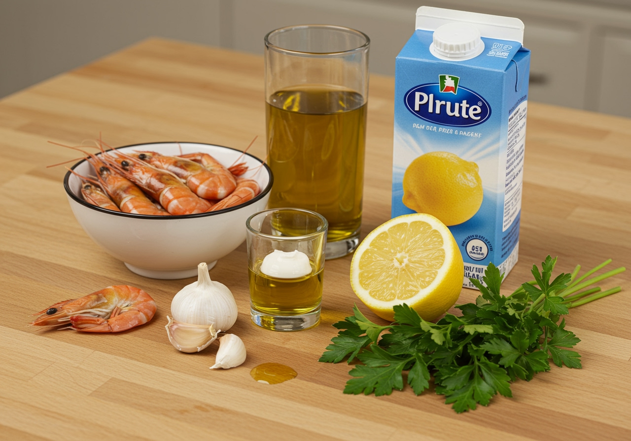 Ingredients laid out on a counter: fresh shrimp, garlic cloves, butter, olive oil, white wine, cream, lemon, and parsley.
