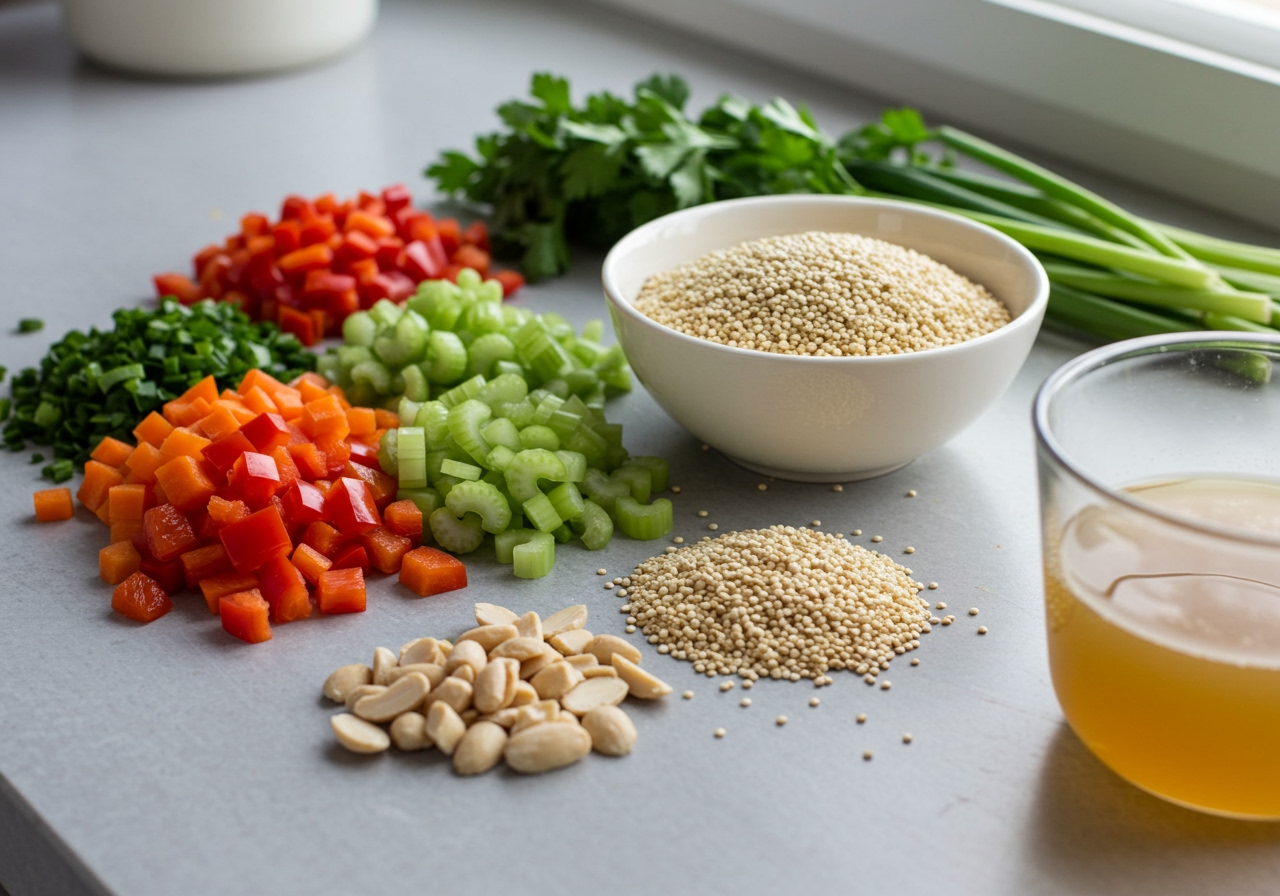 Ingredients laid out on a counter: Quinoa, almonds, chopped vegetables, and broth