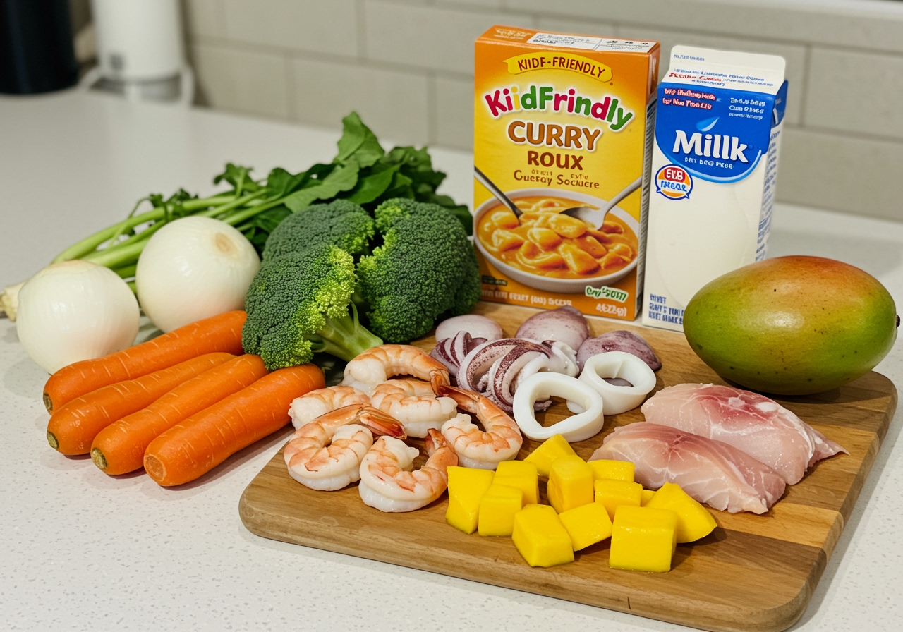 Ingredients laid out on a counter top - colorful vegetables (carrots, broccoli, onions), mixed seafood (shrimp, squid, fish pieces), a box of kids' curry roux, milk, and maybe some fruit.