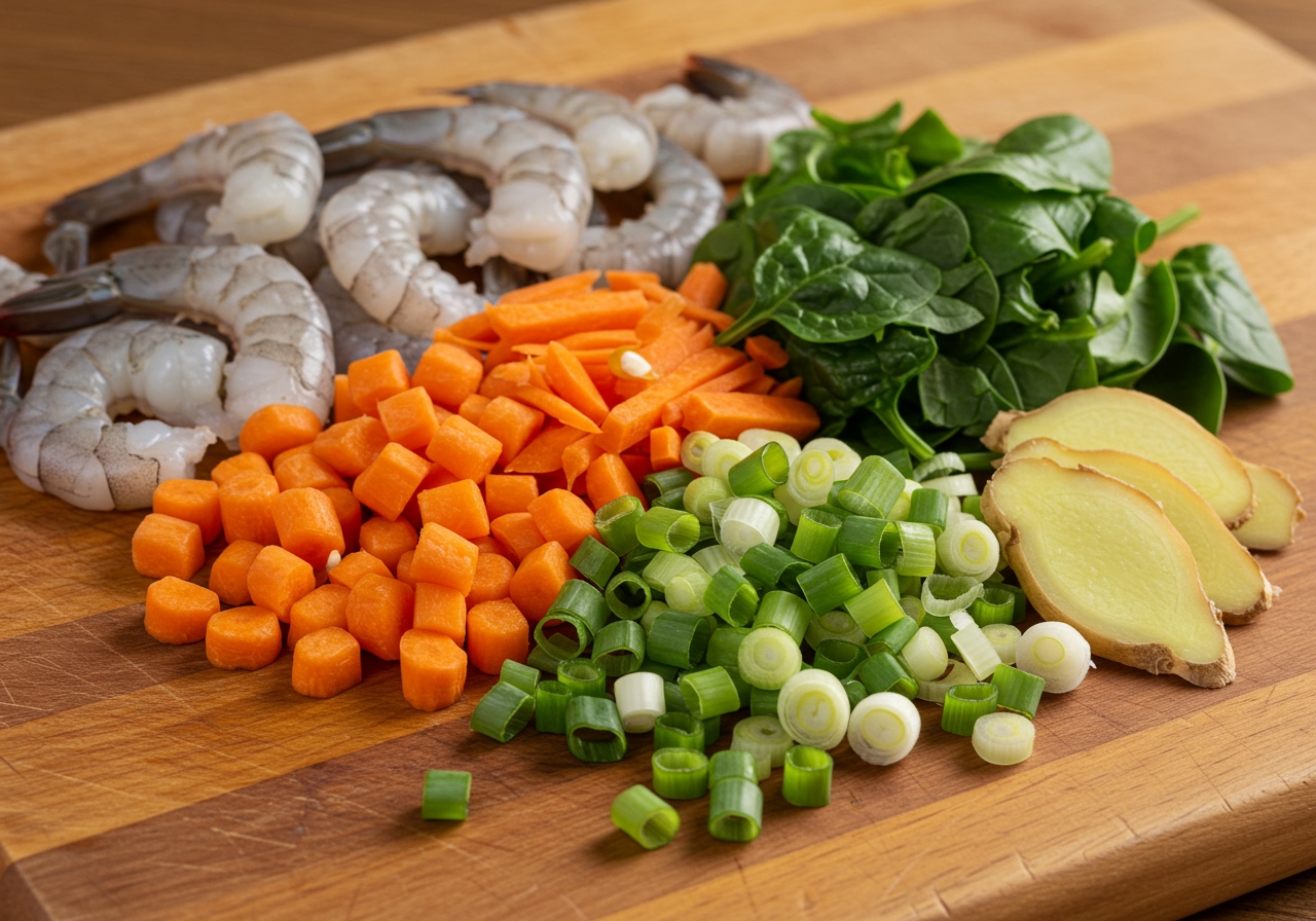 Ingredients laid out on a cutting board - peeled shrimp, chopped vegetables like carrots and spinach, ginger, and green onions.