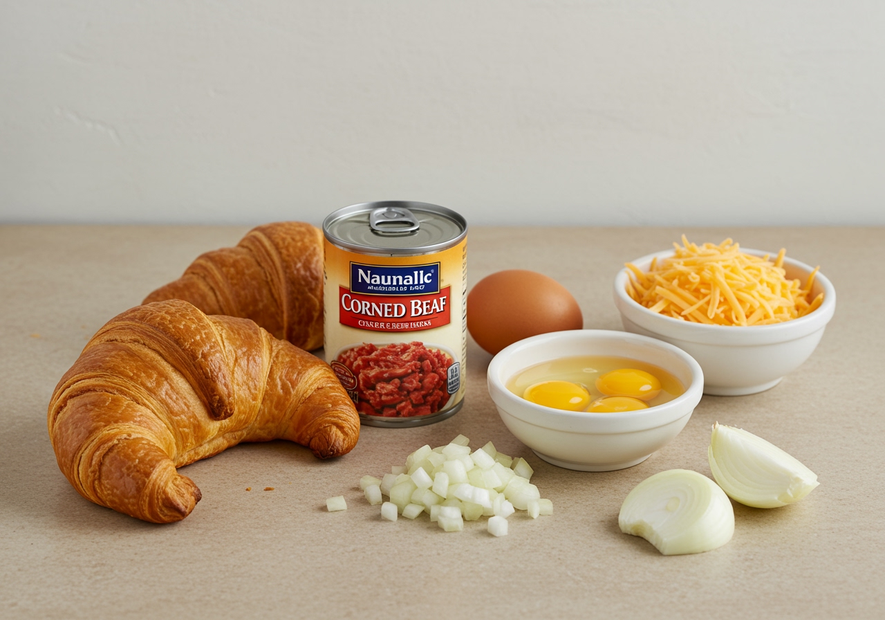 Ingredients laid out on a kitchen counter: a roll of croissant dough, a can of corned beef hash, eggs, chopped onion, and a small bowl of cheese.