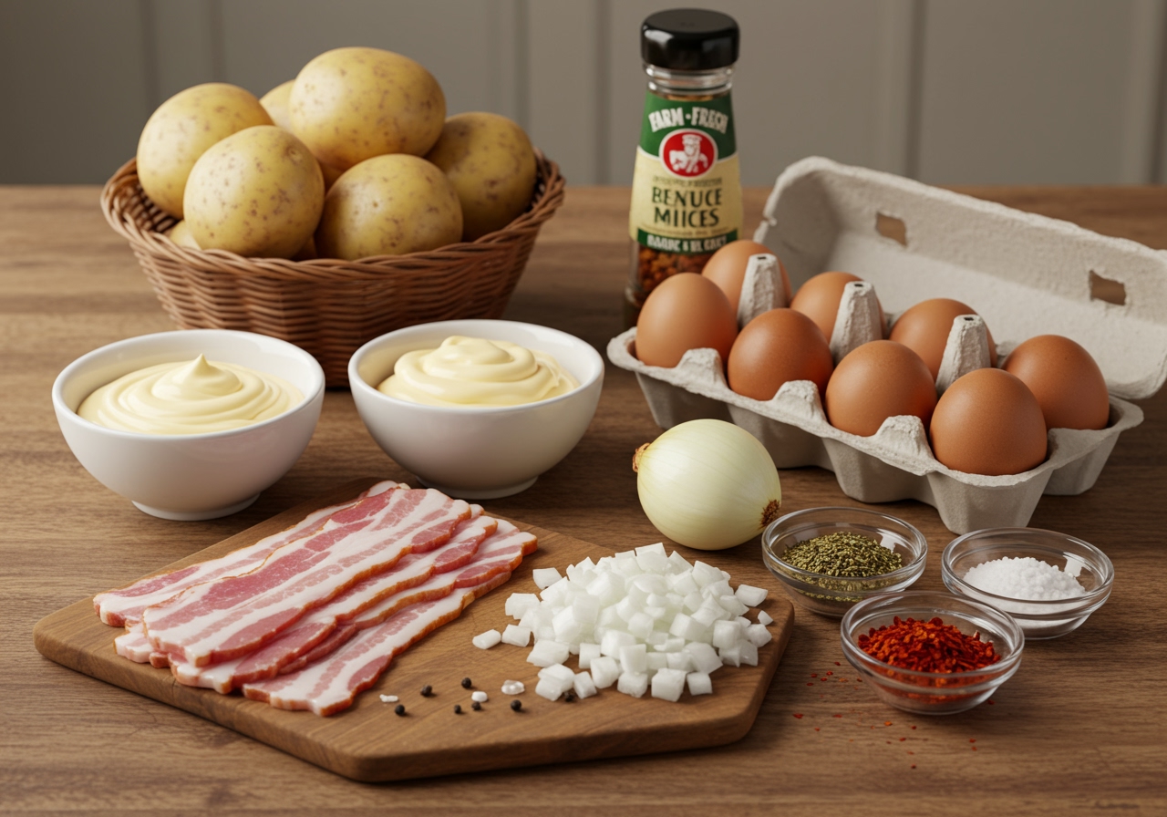 Ingredients laid out on a table - potatoes, bacon, mayonnaise, onion, eggs, seasonings.
