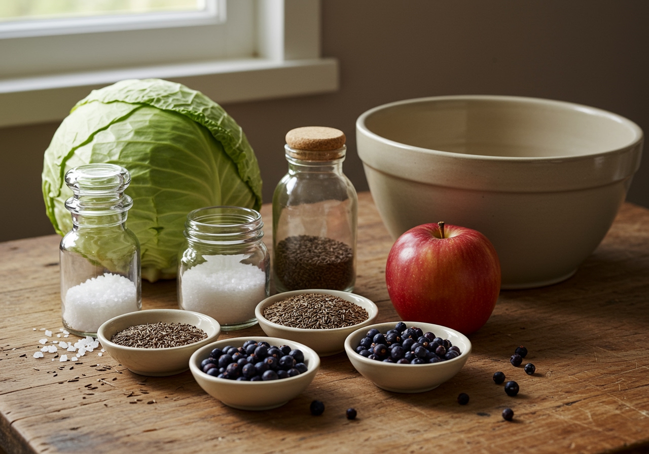 Ingredients laid out on a table: a whole cabbage, jar of salt, small bowls of caraway seeds and juniper berries, an apple, and a large mixing bowl.