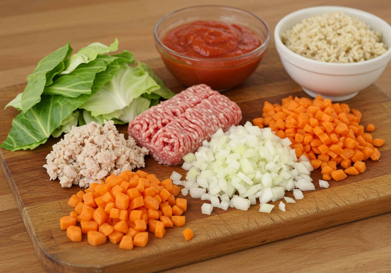 Ingredients laid out on a wooden cutting board: fresh green cabbage, lean ground chicken, finely chopped onions and carrots, a bowl of brown rice, and homemade light tomato sauce.