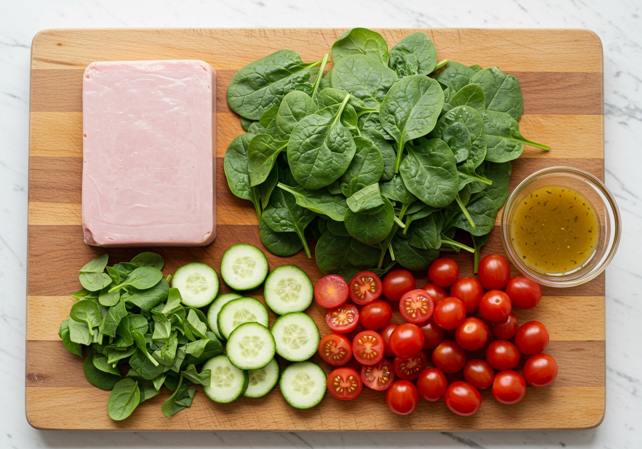Ingredients laid out on a wooden cutting board, ready for an Easy Spring Ham and Spinach Salad. Includes a block of thinly sliced ham, a pile of fresh, washed spinach, vibrant cherry tomatoes, crisp cucumber slices, and a small bowl of homemade vinaigrette. Bright kitchen setting.