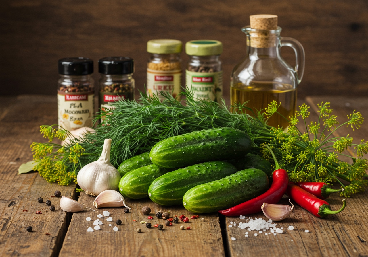 Ingredients laid out on a wooden table: fresh cucumbers, bunches of dill, garlic cloves, chili peppers, a jar of vinegar, salt, and various spices.