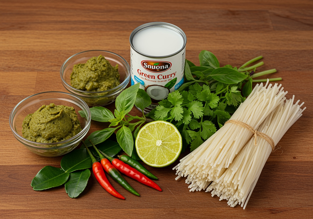 Ingredients laid out on a wooden table: green curry paste, coconut milk, fresh basil, chili, lime, and a bundle of dry somen noodles.