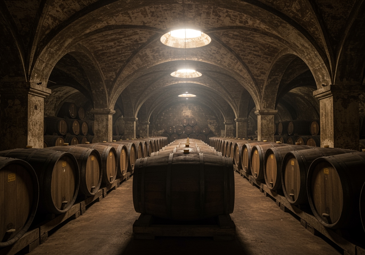 Inside a traditional Madeira wine lodge, with rows of large oak casks stacked in a dimly lit, high-ceilinged cellar, dust motes visible in shafts of light.