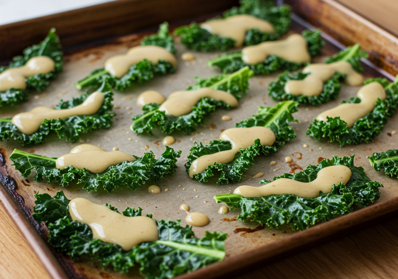 Kale leaves generously coated with the cashew cheese sauce, spread out on a baking sheet.