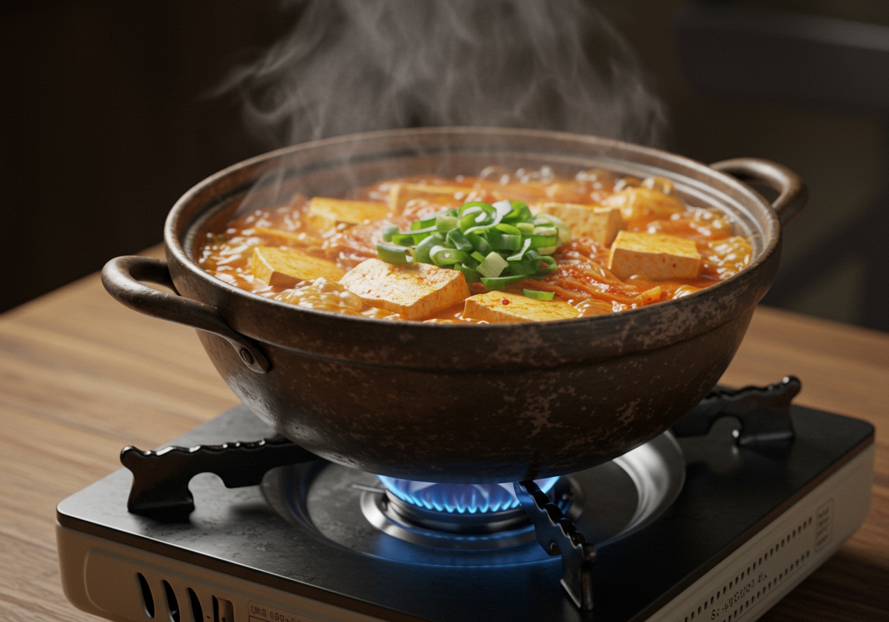 Kimchi Jjigae simmering in a traditional Korean earthenware pot (뚝배기 - ttukbaegi) on a portable gas stove, with steam rising. Tofu and green onions are visible on top.